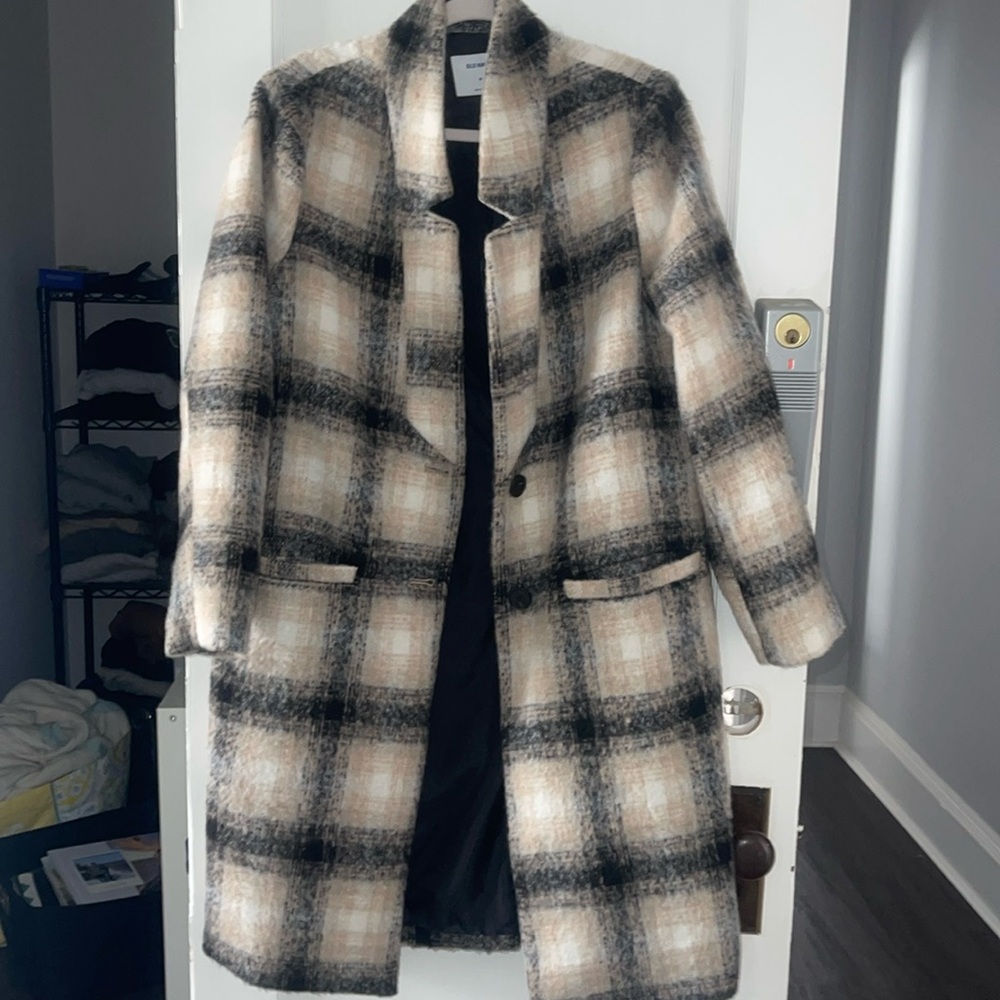 Old Navy Plaid Trench Coat - Black, White, Tan